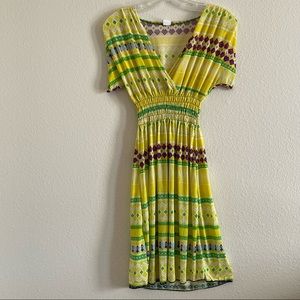 Romantic SINI sheer yellow midi dress with purple & green tribal pattern